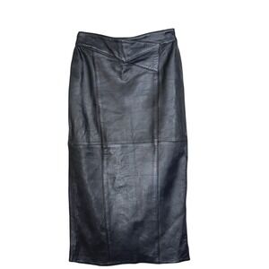 Suzelle Vintage 80s Black Leather Midi Skirt Asymmetrical Waist High Rise Size 6